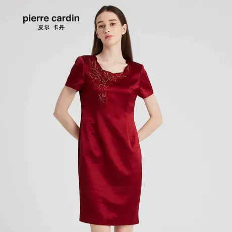 【皮尔卡丹女装】2020酒红色短袖时尚连衣裙中长款一步裙商品大图