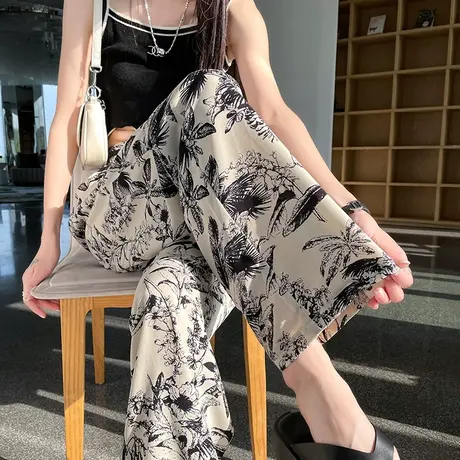 冰丝窄版阔腿裤女夏季薄款水墨印花裤子休闲宽松高腰凉凉拖地长裤商品大图