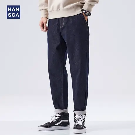 hansca深蓝色牛仔裤男士秋季新款直筒宽松复古潮流抽绳锥形长裤子商品大图