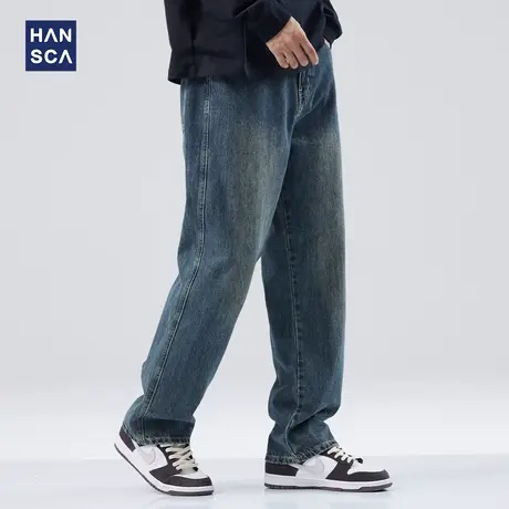 hansca蓝色高街牛仔裤男美式复古2025春秋季宽松潮牌直筒休闲长裤商品大图