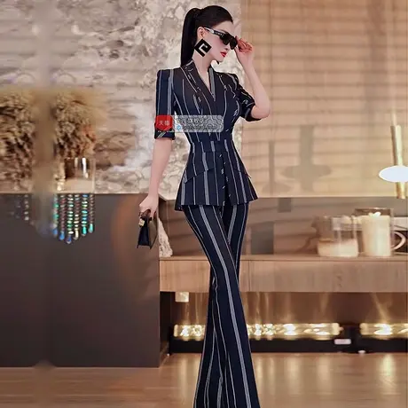 VJE英伦风帅气条纹翻领西装连体裤2025夏季定制款修身短袖连身裤图片