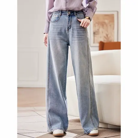 宝诗黎宽松阔腿休闲蓝色牛仔裤2025春季百搭显瘦棉质高腰拖地长裤图片