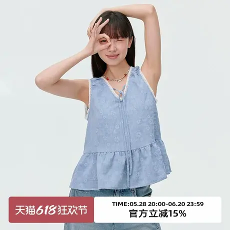 omont蛋挞家复古V领木耳边无袖上衣2025夏季高级感宽松设计感背心图片