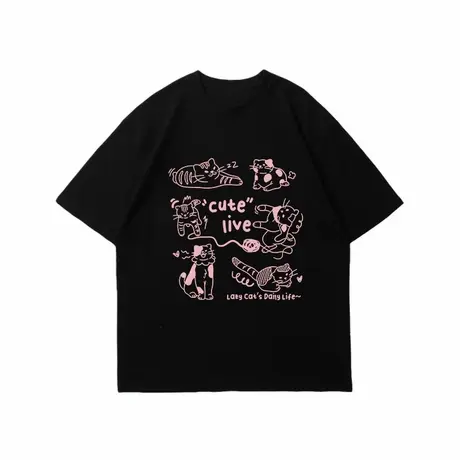2025年新款甜妹韩系小众猫咪印花纯棉黑色短袖t恤女宽松上衣ins风商品大图