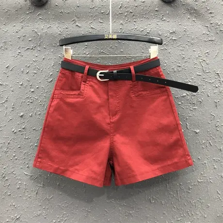 欧货2025女夏新款简约休闲高腰a字阔腿裤显瘦韩版红色牛仔短裤潮商品大图