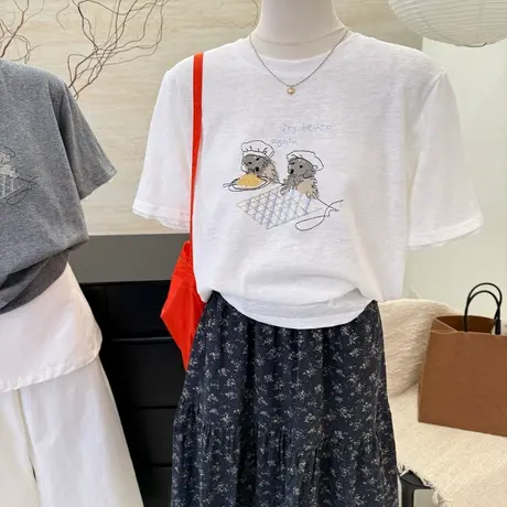 韩系趣味印花花边百搭短袖T恤女2025年春夏新款休闲宽松显瘦上衣商品大图