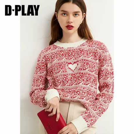 DPLAY德帕拉秋冬新红色提花爱心甜美气质毛衣软糯慵懒羊毛针织衫商品大图
