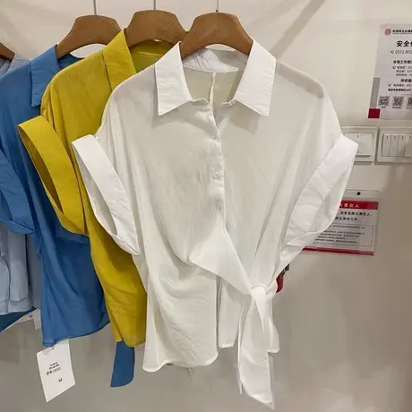 韩系2025夏季新款时尚简约设计感翻领单排扣绑带收腰显瘦衬衫上衣商品大图