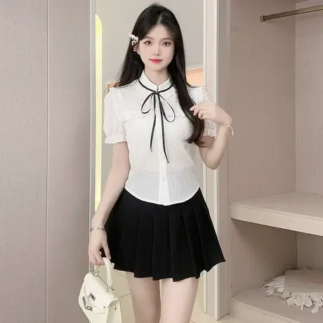 乡美媚2025新款法式宫廷风衬衣设计感小众蕾丝花边蝴蝶结娃娃领商品大图