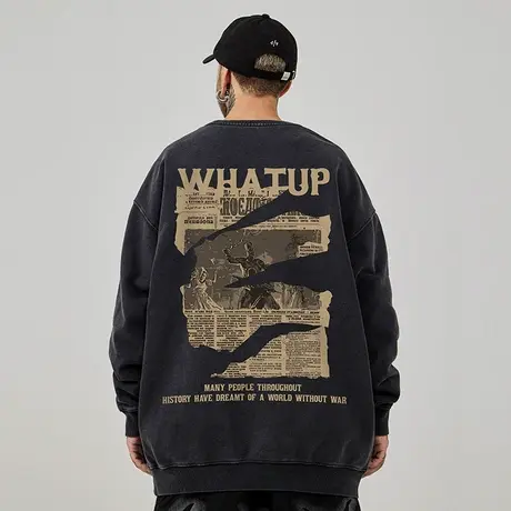 2025加肥加大码复古圆领美式重磅胖子男装宽松做旧卫衣纯棉春秋季图片