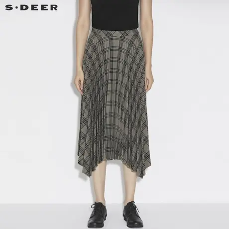 sdeer圣迪奥女装春秋装复古英伦格纹不规则百褶裙长裙S21381101商品大图
