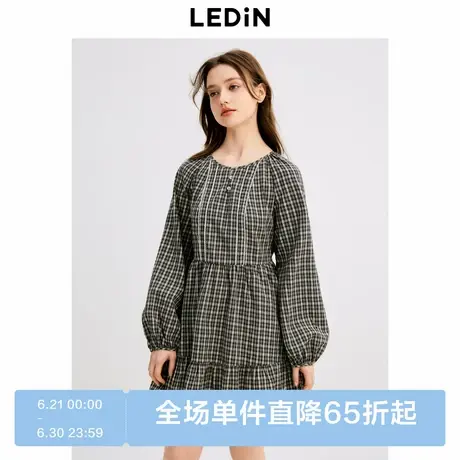 乐町V领收腰娃娃裙秋新款宽松廓形黑白格纹学院风长袖连衣裙图片