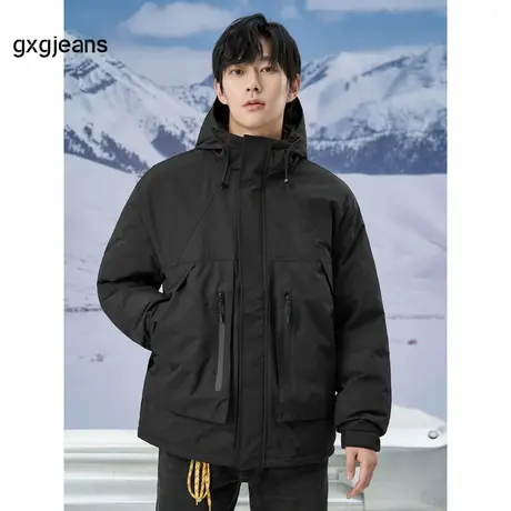 gxgjeans男装 2024年冬季新款保暖黑色连帽休闲羽绒服男图片