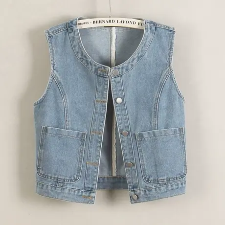 牛仔马甲女背心短款春秋新款无袖休闲小外搭修身圆领坎肩浅蓝口袋商品大图