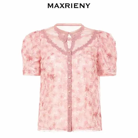 【奥莱】MAXRIENY夏季衬衣女刺绣大V领上衣蕾丝网纱上衣短袖t恤女图片