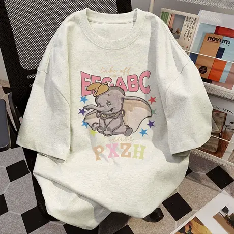 美式卡通小飞象印花纯棉百搭短袖t恤女情侣夏季新款宽松重磅上衣商品大图