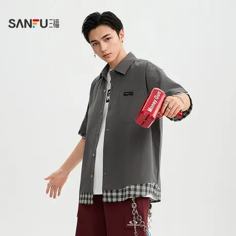 三福2025秋季男士拼格短衬衫 街潮时尚微落翻领阔版上衣506134商品大图