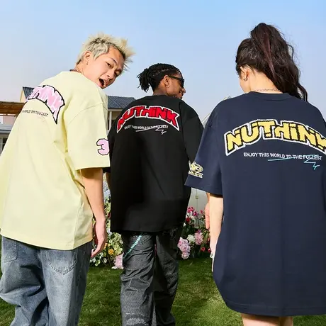 Nuthink美式复古刺绣字母毛巾绣短袖T恤潮牌男女情侣2025夏季新款图片