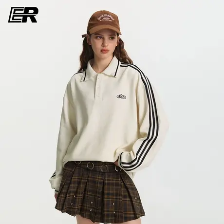 ER极简线条POLO领miu系卫衣2025秋季潮牌刺绣复古三条杠休闲上衣商品大图