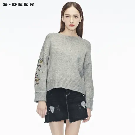 sdeer圣迪奥灰调花朵刺绣图案装饰个性卷边袖口针织衫S18483588图片