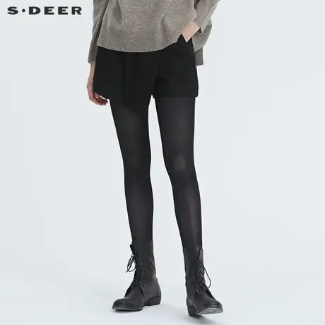 sdeer圣迪奥女装秋冬休闲松紧搭片拼接黑色宽松毛呢短裤S20480906图片