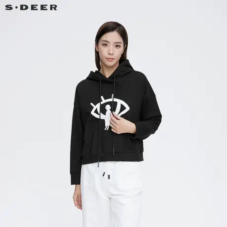 sdeer圣迪奥连帽黑色卫衣女装抽绳撞色胶印长袖短外套S21362208图片