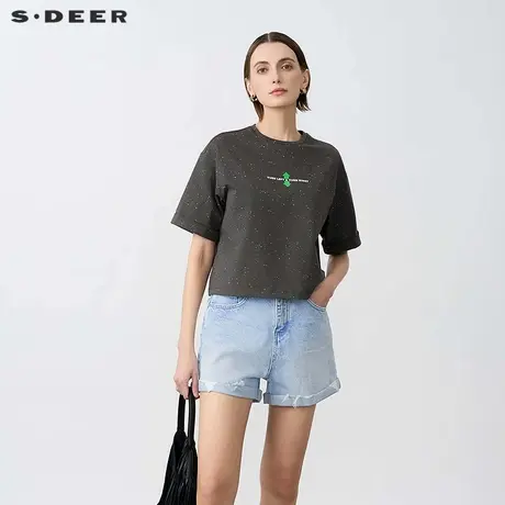 【好物体验专享】sdeer圣迪奥时尚圆领撞色字母宽松短袖S25260103图片