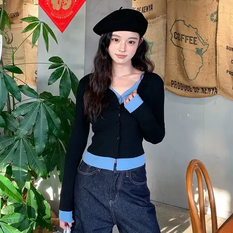 尔给秋季假两件修身显瘦上衣女气质长袖针织短款撞色设计感v领T恤商品大图