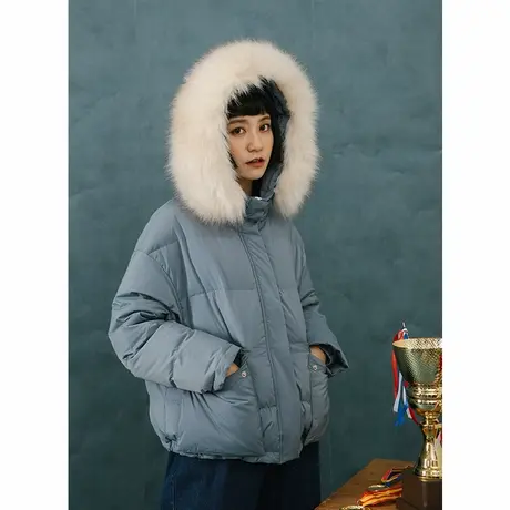 omont蛋挞家 复古宽松加厚可拆毛领羽绒服女短款学生连帽外套冬季商品大图