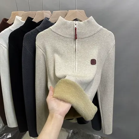 一体绒拉链半高领毛衣女加绒厚打底衫2024秋冬新款针织衫内搭上衣商品大图