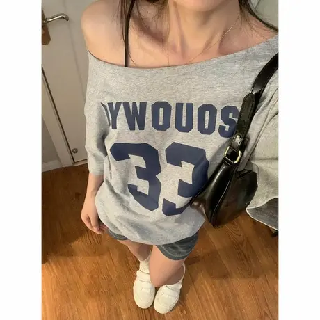 斜领露肩短袖T恤女夏季2025新款宽松韩版辣妹性感小心机纯棉上衣图片