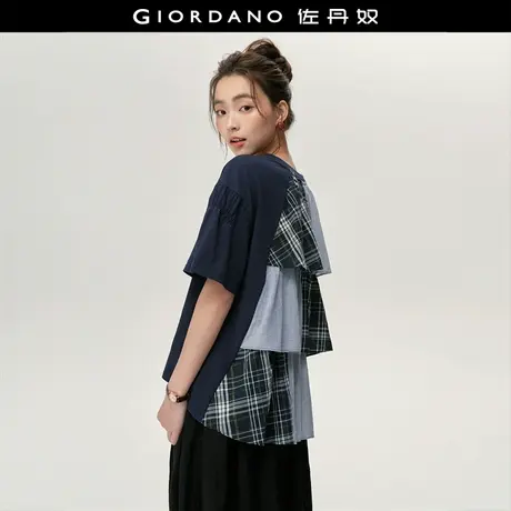 设计师款佐丹奴宽松T恤女拼接后幅格纹条纹圆领短袖T恤女18325815图片