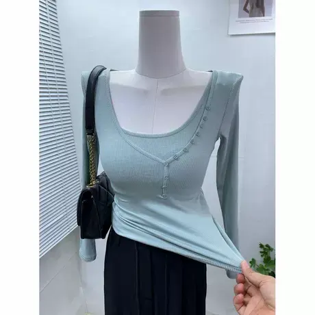 小众设计感~紧身性感显身材长袖T恤女韩版斜领两件套体恤衫上衣秋图片