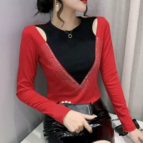 设计感拼接撞色T恤女长袖性感心机镂空上衣气质圆领打底衫春秋款图片