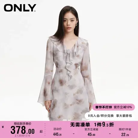 【上新】ONLY奥莱新款气质晕染印花荷叶边V领短款连衣裙女商品大图