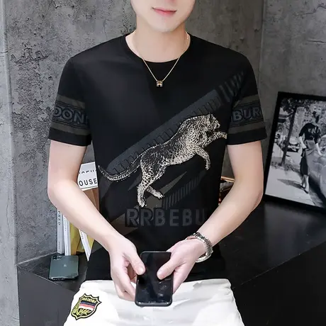 2025新款中青年短袖霸气冰丝T恤男式豹子夏季潮流大码上衣休闲装商品大图