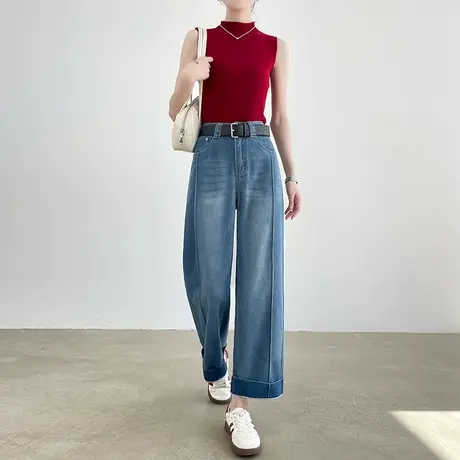 莱赛尔天丝九分牛仔阔腿裤女夏季薄款高腰宽松显瘦翻边窄版直筒裤商品大图