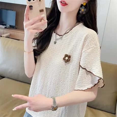 设计感小众荷叶袖短袖t恤女夏季韩版宽松大码女装撞色小个子上衣图片