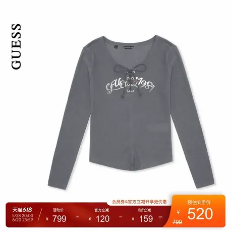 GUESS25年新款春季女士字母印花蝴蝶结装饰V领长袖T恤-YP1K1412图片