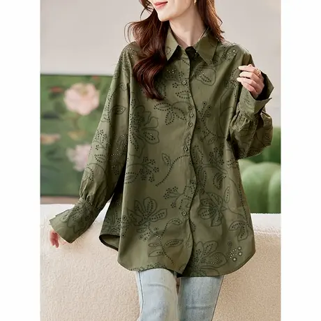 宝诗黎中长款镂空长袖衬衫2025春季韩版宽松百搭休闲棉质大码衬衣图片