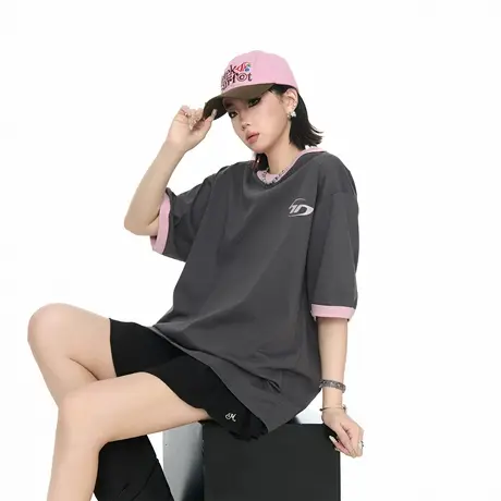 2025新款夏季宽松印花短袖T恤女潮牌ins街头风撞色情侣款半袖上衣商品大图