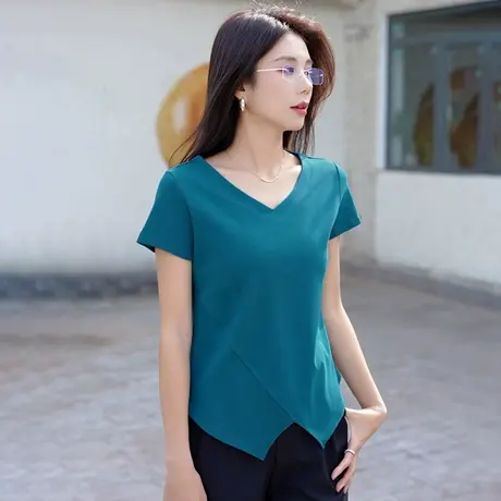 螺纹夏季新款不规则下摆开叉v领短袖t恤女正肩修身遮肉显瘦上衣商品大图