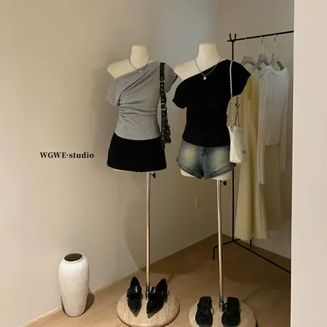 小众不规则绝美斜肩短袖T恤女设计感修身显瘦露肩韩系百搭上衣夏商品大图