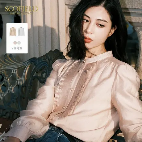 Scofield女装法式褶皱荷叶领衬衫泡泡袖上衣2025夏季新品图片