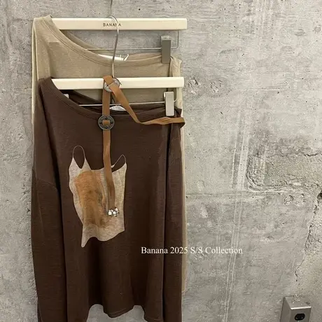 2025夏季新款韩版时尚创意图案印花斜肩防晒长袖T恤女宽松慵懒风商品大图