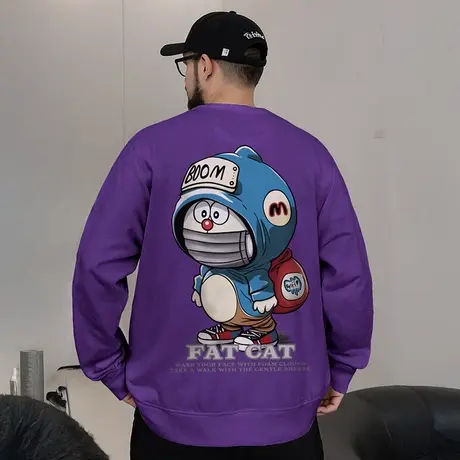 紫色卫衣男装300斤大码男装胖子重磅圆领加肥加大纯棉加绒秋冬款图片