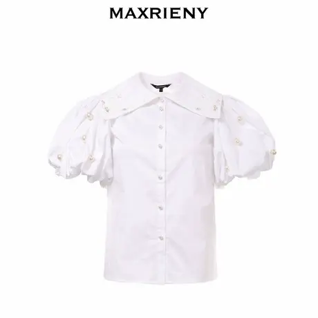 【奥莱】MAXRIENY夏季方领复古衬衫女设计感小众珍珠灯笼袖白衬衣商品大图