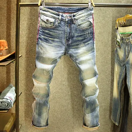 美式复古硬汉牛仔裤男弹力修身小脚裤高端水洗耐磨潮流猫须长裤子商品大图