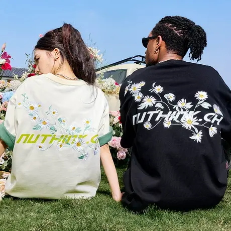 Nuthink雏菊刺绣字母短袖T恤美式复古潮牌情侣男女2025夏季新款图片