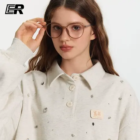 ER学院风复古镶钻POLO领卫衣男女秋季慵懒风日系潮牌宽松长袖上衣图片